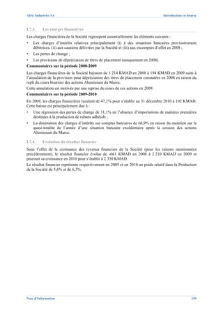 Afric Industries SA                                                                Introduction en bourse



I.7.3.    Les charges financières
Les charges financières de la Société regroupent essentiellement les éléments suivants :
▪   Les charges d’intérêts relatives principalement (i) à des situations bancaires provisoirement
    débitrices, (ii) aux cautions délivrées par la Société et (iii) aux escomptes d’effet en 2008 ;
▪   Les pertes de change ;
▪  Les provisions de dépréciation de titres de placement (uniquement en 2008).
Commentaires sur la période 2008-2009
Les charges financières de la Société baissent de 1 214 KMAD en 2008 à 194 KMAD en 2009 suite à
l’annulation de la provision pour dépréciation des titres de placement constatées en 2008 en raison du
repli du cours boursier des actions Aluminium du Maroc.
Cette annulation est motivée par une reprise du cours de ces actions en 2009.
Commentaires sur la période 2009-2010
En 2009, les charges financières reculent de 47,1% pour s’établir au 31 décembre 2010 à 102 KMAD.
Cette baisse est principalement due à :
▪   Une régression des pertes de change de 31,1% en l’absence d’importations de matières premières
    destinées à la production de rubans adhésifs ;
▪   La diminution des charges d’intérêts sur comptes bancaires de 66,9% en raison du maintien sur la
    quasi-totalité de l’année d’une situation bancaire excédentaire après la cession des actions
    Aluminium du Maroc.

I.7.4.    Evolution du résultat financier
Sous l’effet de la croissance des revenus financiers de la Société (pour les raisons mentionnées
précédemment), le résultat financier évolue de -661 KMAD en 2008 à 2 210 KMAD en 2009 et
poursuit sa croissance en 2010 pour s’établir à 2 330 KMAD.
Le résultat financier représente respectivement en 2009 et en 2010 un poids relatif dans la Production
de la Société de 5,6% et de 6,3%.




Note d’Information                                                                                   199
 