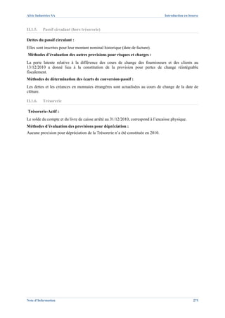 Afric Industries SA                                                               Introduction en bourse



II.1.5.   Passif circulant (hors trésorerie)

Dettes du passif circulant :
Elles sont inscrites pour leur montant nominal historique (date de facture).
Méthodes d’évaluation des autres provisions pour risques et charges :
La perte latente relative à la différence des cours de change des fournisseurs et des clients au
13/12/2010 a donné lieu à la constitution de la provision pour pertes de change réintégrable
fiscalement.
Méthodes de détermination des écarts de conversion-passif :
Les dettes et les créances en monnaies étrangères sont actualisées au cours de change de la date de
clôture.

II.1.6.   Trésorerie

Trésorerie-Actif :
Le solde du compte et du livre de caisse arrêté au 31/12/2010, correspond à l’encaisse physique.
Méthodes d’évaluation des provisions pour dépréciation :
Aucune provision pour dépréciation de la Trésorerie n’a été constituée en 2010.




Note d’Information                                                                                  275
 