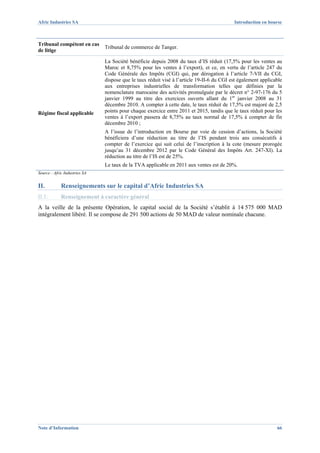 Afric Industries SA                                                                        Introduction en bourse



Tribunal compétent en cas
                               Tribunal de commerce de Tanger.
de litige

                               La Société bénéficie depuis 2008 du taux d’IS réduit (17,5% pour les ventes au
                               Maroc et 8,75% pour les ventes à l’export), et ce, en vertu de l’article 247 du
                               Code Générale des Impôts (CGI) qui, par dérogation à l’article 7-VII du CGI,
                               dispose que le taux réduit visé à l’article 19-II-6 du CGI est également applicable
                               aux entreprises industrielles de transformation telles que définies par la
                               nomenclature marocaine des activités promulguée par le décret n° 2-97-176 du 5
                               janvier 1999 au titre des exercices ouverts allant du 1er janvier 2008 au 31
                               décembre 2010. A compter à cette date, le taux réduit de 17,5% est majoré de 2,5
Régime fiscal applicable       points pour chaque exercice entre 2011 et 2015, tandis que le taux réduit pour les
                               ventes à l’export passera de 8,75% au taux normal de 17,5% à compter de fin
                               décembre 2010 ;
                               A l’issue de l’introduction en Bourse par voie de cession d’actions, la Société
                               bénéficiera d’une réduction au titre de l’IS pendant trois ans consécutifs à
                               compter de l’exercice qui suit celui de l’inscription à la cote (mesure prorogée
                               jusqu’au 31 décembre 2012 par le Code Général des Impôts Art. 247-XI). La
                               réduction au titre de l’IS est de 25%.
                               Le taux de la TVA applicable en 2011 aux ventes est de 20%.
Source : Afric Industries SA


II.          Renseignements sur le capital d’Afric Industries SA
II.1.        Renseignement à caractère général
A la veille de la présente Opération, le capital social de la Société s’établit à 14 575 000 MAD
intégralement libéré. Il se compose de 291 500 actions de 50 MAD de valeur nominale chacune.




Note d’Information                                                                                             66
 