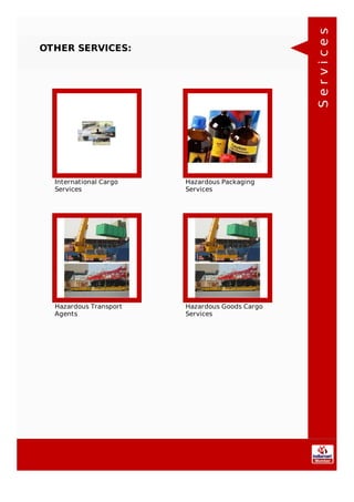 OTHER SERVICES:
International Cargo
Services
Hazardous Packaging
Services
Hazardous Transport
Agents
Hazardous Goods Cargo
Services
Services
 