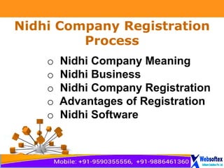 Page 1
Nidhi Company Registration
Process
o Nidhi Company Meaning
o Nidhi Business
o Nidhi Company Registration
o Advantages of Registration
o Nidhi Software
 