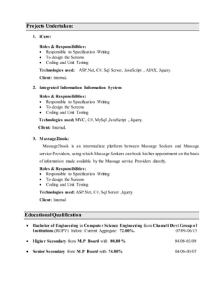 Projects Undertaken:
1. iCare:
Roles & Responsibilities:
 Responsible to Specification Writing
 To design the Screens
 Coding and Unit Testing
Technologies used: ASP.Net, C#, Sql Server, JavaScript , AJAX, Jquery.
Client: Internal.
2. Integrated Information Information System
Roles & Responsibilities:
 Responsible to Specification Writing
 To design the Screens
 Coding and Unit Testing
Technologies used: MVC, C#, MySql ,JavaScript , Jquery.
Client: Internal.
3. Massage2book:
Massage2book is an intermediate platform between Massage Seekers and Massage
service Providers, using which Massage Seekers can book his/her appointment on the basis
of information made available by the Massage service Providers directly.
Roles & Responsibilities:
 Responsible to Specification Writing
 To design the Screens
 Coding and Unit Testing
Technologies used: ASP.Net, C#, Sql Server ,Jquery
Client: Internal
EducationalQualification
 Bachelor of Engineering in Computer Science Engineering from Chameli Devi Group of
Institutions,(RGPV) Indore .Current Aggregate: 72.00%. 07/09-06/13
 Higher Secondary from M.P Board with 80.80 % 04/08-03/09
 Senior Secondary from M.P Board with 74.80% 04/06-03/07
 