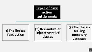 9
Types of class
action
settlements
1) The limited
fund action
(2) Declarative or
injunctive relief
classes
(3) The classes
seeking
monetary
damages
 