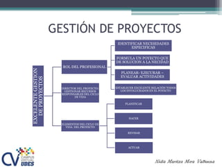 GESTIÓN DE PROYECTOSEXCELENTEGESTION
DEPROYECTOS
ROL DEL PROFESIONAL
IDENTIFICAR NECESIDADES
ESPECIFICAS
FORMULA UN POYECTO QUE
DE SOLUCION A LA NECIDAD
PLANEAR- EJECURAR –
EVALUAR ACTIVIDADES
ESTABLECER EXCELENTE RELACIÓN TODOS
LOS INVOLUCRADOS EN EL POYECTO
DIRECTOR DEL PROYECTO:
GESTIONAR RECURSOS
RESPONSABLES DEL CICLO
DE VIDA
ELEMENTOS DEL CICLO DE
VIDA DEL PROYECTO
PLANIFICAR
HACER
REVISAR
ACTUAR
Nidia Maritza Mora Valbuena
 