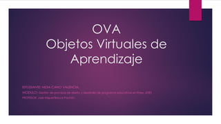 OVA
Objetos Virtuales de
Aprendizaje
ESTUDIANTE: NIDIA CANO VALENCIA.
MODULO: Gestión de procesos de diseño y desarrollo de programas educativos en línea. UDES
PROFESOR: José Miguel Bacca Pachón.
 