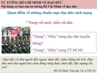 TƯ TƯỞNG HỒ CHÍ MINH VỀ ĐẠO ĐỨC
Nội dung cơ bản của tư tưởng Hồ Chí Minh về đạo đức
Quan điểm về những chuẩn mực đạo đức cách mạng
* Trung với nước, hiếu với dân.
“Trung”, “Hiếu” trong đạo đức truyền
thống?
“Trung”, “Hiếu” trong TT HCM?
“Đạo đức cũ như người đầu ngược dưới đất, chân chổng lên trời. Đạo
đức mới như người hai chân đứng vững được dưới đất, đầu ngửng lên
trời”
Hồ Chí Minh, Toàn tập, T.6, tr.320-321
 