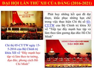 Chỉ thị 05-CT/TW ngày 15-
5-2016 của Bộ Chính trị
khóa XII về “Đẩy mạnh học
tập và làm theo tư tưởng,
đạo đức, phong cách Hồ
Chí Minh”
ĐẠI HỘI LẦN THỨ XII CỦA ĐẢNG (2016-2021)
Phát huy những kết quả đã đạt
được, khắc phục những hạn chế
trong việc thực hiện Chỉ thị số 03-
CT/TW của Bộ Chính trị khóa XI
về "Tiếp tục đẩy mạnh học tập và
làm theo tấm gương đạo đức Hồ Chí
Minh”
 