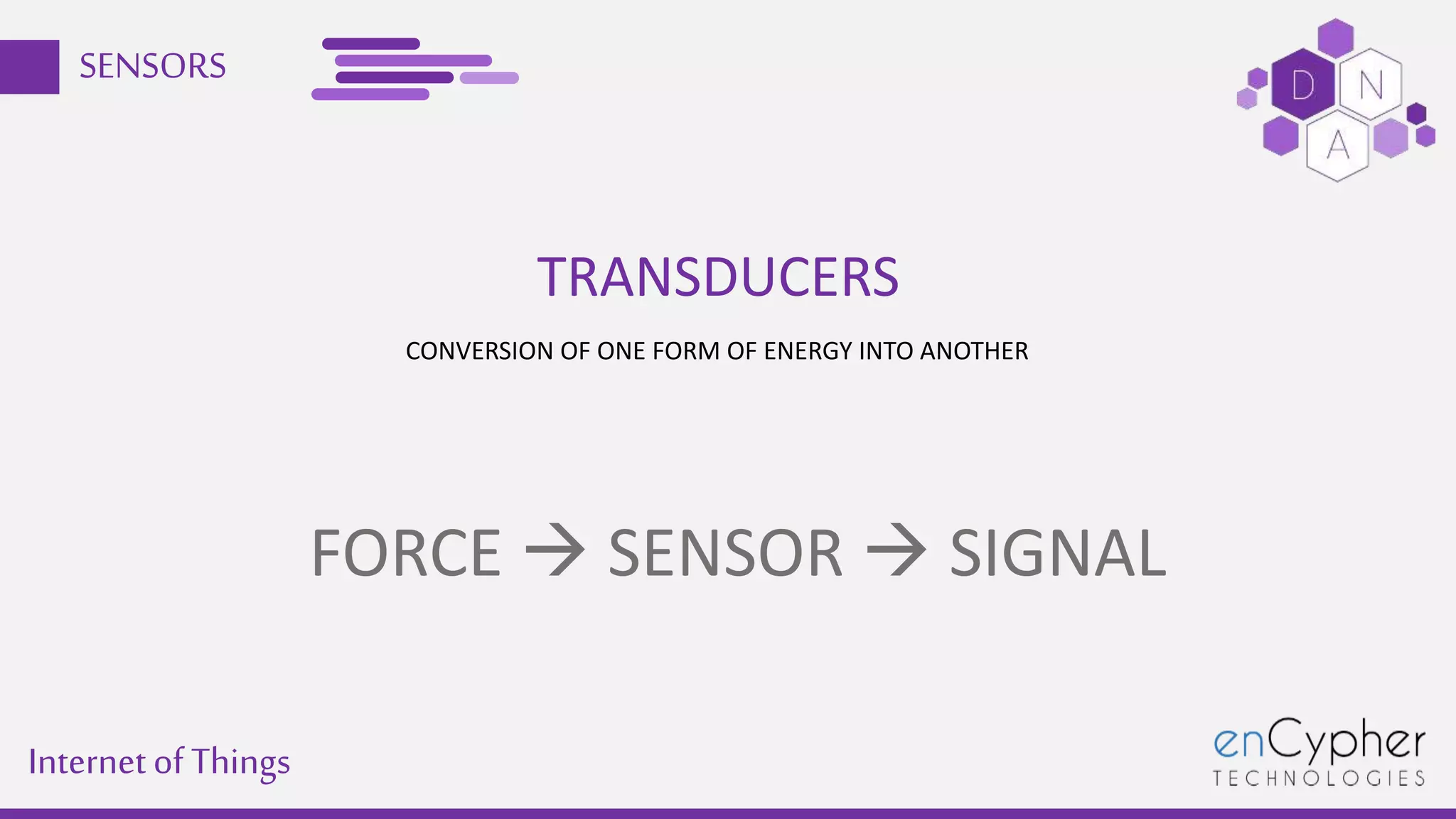 Internetof Things
SENSORS
TRANSDUCERS
CONVERSION OF ONE FORM OF ENERGY INTO ANOTHER
FORCE  SENSOR  SIGNAL
 