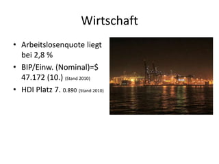 Wirtschaft
• Arbeitslosenquote liegt
  bei 2,8 %
• BIP/Einw. (Nominal)=$
  47.172 (10.) (Stand 2010)
• HDI Platz 7. 0.890 (Stand 2010)
 