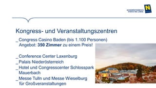 7
Kongress- und Veranstaltungszentren
_ Congress Casino Baden (bis 1.100 Personen)
Angebot: 350 Zimmer zu einem Preis!
_ Conference Center Laxenburg
_ Palais Niederösterreich
_ Hotel und Congresscenter Schlosspark
Mauerbach
_ Messe Tulln und Messe Wieselburg
für Großveranstaltungen
 