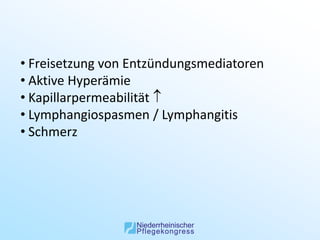 • Freisetzung von Entzündungsmediatoren
• Aktive Hyperämie
• Kapillarpermeabilität 
• Lymphangiospasmen / Lymphangitis
• Schmerz
 