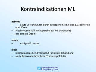 Kontraindikationen ML
absolut
–       akute Entzündungen durch pathogene Keime, also z.B. Bakterien
   oder Viren
– Pilz/Mykosen (falls nicht parallel zur ML behandelt)
– das cardiale Ödem

relativ
–       maligne Prozesse

lokal
– lokoregionäres Rezidiv (absolut für lokale Behandlung)
– akute Beinvenenthrombose/Thrombophlebitis
 