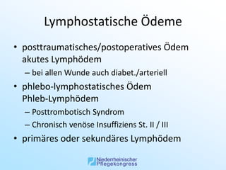 Lymphostatische Ödeme
• posttraumatisches/postoperatives Ödem
  akutes Lymphödem
  – bei allen Wunde auch diabet./arteriell
• phlebo-lymphostatisches Ödem
  Phleb-Lymphödem
  – Posttrombotisch Syndrom
  – Chronisch venöse Insuffiziens St. II / III
• primäres oder sekundäres Lymphödem
 