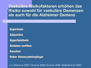 Vaskuläre Risikofaktoren erhöhen das
Risiko sowohl für vaskuläre Demenzen
als auch für die Alzheimer Demenz


Hypertonie
Adipositas
Hyperlipidämie
Diabetes mellitus
Rauchen
Hoher Homocysteinspiegel

u.a. Wolf et al. 2007, Irie et al. 2008, Xu et al. 2009, Naderali et al. 2009
 