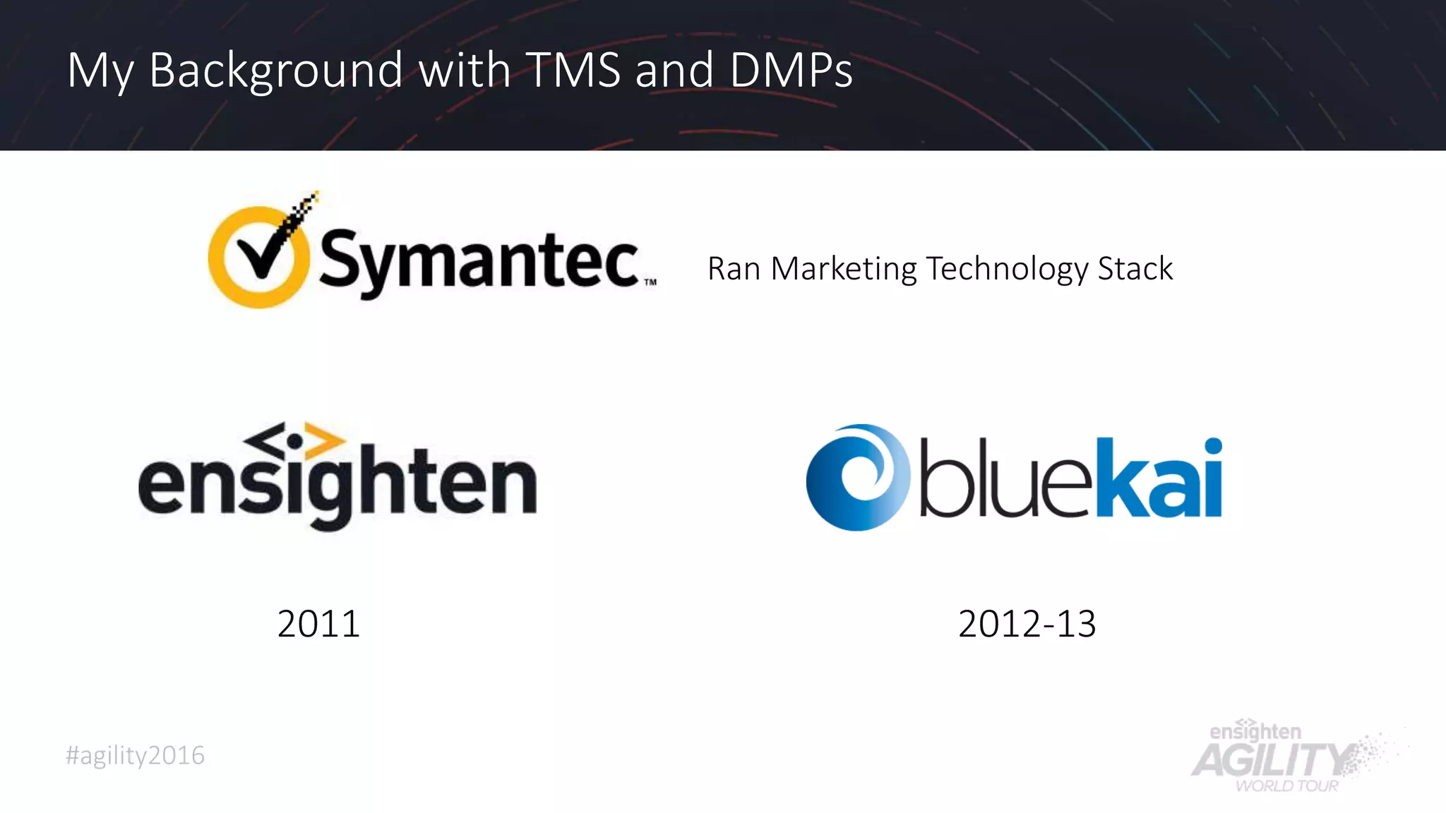#agility2016
My Background with TMS and DMPs
Ran Marketing Technology Stack
3
2011 2012-13
 