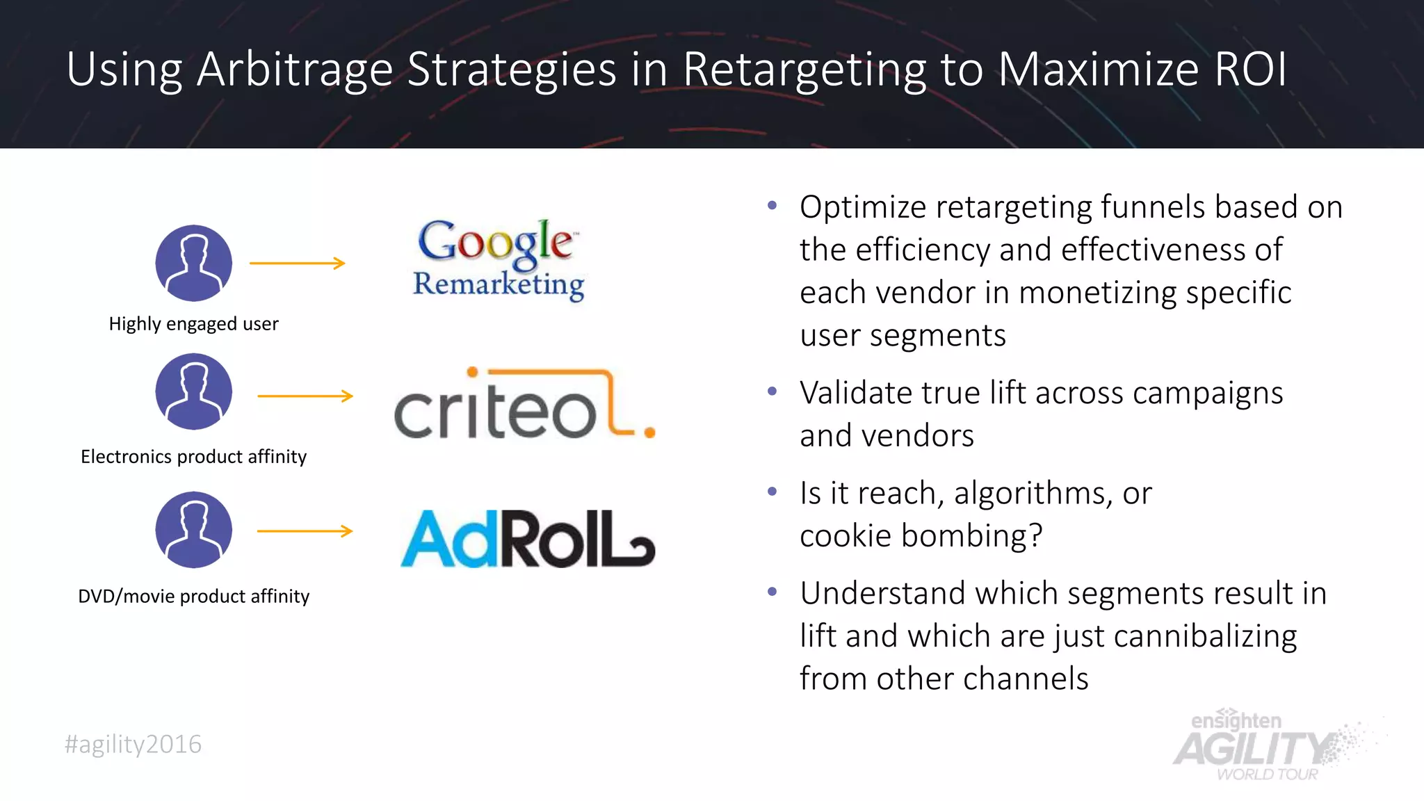 #agility2016
Using Arbitrage Strategies in Retargeting to Maximize ROI
• Optimize retargeting funnels based on
the efficiency and effectiveness of
each vendor in monetizing specific
user segments
• Validate true lift across campaigns
and vendors
• Is it reach, algorithms, or
cookie bombing?
• Understand which segments result in
lift and which are just cannibalizing
from other channels
Highly engaged user
Electronics product affinity
DVD/movie product affinity
 