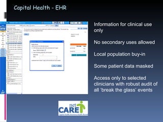 Capital Health - EHR Information for clinical use only No secondary uses allowed Local population buy-in Some patient data masked Access only to selected clinicians with robust audit of all ‘break the glass’ events 