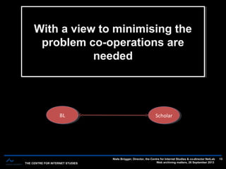THE CENTRE FOR INTERNET STUDIES
Niels Brügger, Director, the Centre for Internet Studies & co-director NetLab
Web archiving matters, 26 September 2013
13
The short history of web archives — 12-14 years — three main phasesThe short history of web archives — 12-14 years — three main phases
With a view to minimising the
problem co-operations are
needed
With a view to minimising the
problem co-operations are
needed
ScholarScholarBLBL
 