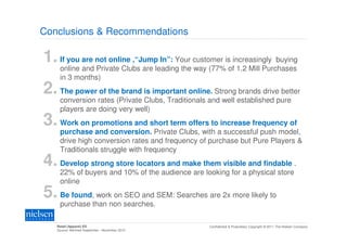 Conclusions & Recommendations

1. If you are not online ,“Jump In”: Your customer is increasingly buying
    online and Private Clubs are leading the way (77% of 1.2 Mill Purchases
    in 3 months)
2. The power of the brand is important online. Strong brands drive better
    conversion rates (Private Clubs, Traditionals and well established pure
    players are doing very well)
3. Work on promotions and short term offers to increase frequency of
    purchase and conversion. Private Clubs, with a successful push model,
    drive high conversion rates and frequency of purchase but Pure Players &
    Traditionals struggle with frequency
4. Develop strong store locators and make them visible and findable .
    22% of buyers and 10% of the audience are looking for a physical store
    online
5. Be found, work on SEO and SEM: Searches are 2x more likely to
    purchase than non searches.

   Retail (Apparel) ES                           Confidential & Proprietary Copyright © 2011 The Nielsen Company
   Source: NetView September - November 2010
 