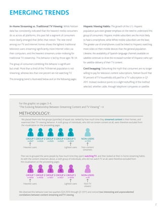 EMERGING TRENDS
In-Home Streaming vs. Traditional TV Viewing: While Nielsen                   Hispanic Viewing Habits: The growth of the U.S. Hispanic
data has consistently indicated that the heaviest media consumers             population puts even greater emphasis on the need to understand this
do so across all platforms, this past fall a segment of consumers             group of consumers. Hispanic mobile subscribers are the most likely
more clearly emerged that defies that notion. The new trend                   to have a smartphone, while White mobile subscribers are the least.
among our TV and Internet homes shows the lightest traditional                The greater use of smartphones could be linked to Hispanics watching
television users streaming significantly more Internet video via              more video on their mobile devices than the general population.
their computers, and the heaviest streamers under-indexing for                Likewise, the availability of Spanish-language channels available on
traditional TV viewership. This behavior is led by those ages 18-34.          satellite continues to drive the increased number of Hispanics who opt
                                                                              for satellite-delivery of their TV content.
The group of consumers exhibiting this behavior is significant
but small. More than a third of the TV/Internet population is not             Cord Swapping: Debunking the myth that consumers are no longer
streaming, whereas less than one percent are not watching TV.                 willing to pay for television content subscriptions, Nielsen found that
                                                                              91 percent of TV households still paid for a TV subscription in Q1
This emerging trend is illustrated below and on the following pages.
                                                                              2011. Instead, evidence points to a slight reshuffling of the method
                                                                              selected, whether cable, through telephone companies or satellite.




         For the graphic on pages 3-4,
         “The Evolving Relationship Between Streaming Content and TV Viewing”

         METHODOLOGY:
            We placed them into ﬁve groups (quintiles) of equal size, ranked by how much time they streamed content in their homes, and
            examined their TV viewing behavior. A sixth group of individuals, who did not stream content at all, were therefore excluded from
            the visualization on the proceeding pages.


                    1            2       3          4           5
                GROUP 1 GROUP 2 GROUP 3 GROUP 4 GROUP 5                     NON-USERS
                  n=2627       n=2626   n=2626    n=2625      n=2624           n=7253


              Heaviest users                               Lightest users   Non-content
                                                                             streamers

           Then we re-grouped the same people by how much time they spent watching TV, and then looked at their in-home streaming habits.
           As with the content streamers above, a sixth group of individuals, who did not watch TV at all, were therefore excluded from
           the visualization on the proceeding pages.


                    1            2       3          4            5
                GROUP 1 GROUP 2 GROUP 3 GROUP 4 GROUP 5                     NON-USERS
                  n=4058       n=4058   n=4057    n=4057      n=4056            n=95


              Heaviest users                               Lightest users     Non-TV
                                                                              viewers

         We observed this behavior over two quarters (Q4 2010 through Q1 2011) and noticed two interesting and unprecedented
         correlations between content streaming and TV viewing.


                                                                                                                                                        2
 
