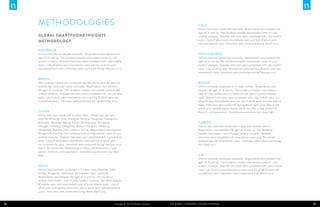 METHODOLOGIES
Global Smartphone Insights
Methodology
Australia
Online interviews conducted nationally. Respondents were between the
ages of 16 and 64. The incidence module interviewed a total of 1,158
random contacts. Detailed interviews were completed with 1,682 mobile
users, 1,063 of which were smartphone users and 619 of which were
non-smartphone users. Interviews were conducted during February 2012.

Brazil
The incidence module was conducted over the phone while the detailed
module was conducted online nationally. Respondents were between
the ages of 16 and 64. The incidence module interviewed a total of 986
random contacts. Detailed interviews were completed with 1,603 mobile
users, 748 of which were smartphone users and 855 of which were nonsmartphone users. Interviews were conducted during April-May 2012.

China

Italy
Online interviews conducted nationally. Respondents were between the
ages of 16 and 64. The incidence module interviewed a total of 1,062
random contacts. Detailed interviews were completed with 1,632 mobile
users, 1,026 of which were smartphone users and 606 of which were
non-smartphone users. Interviews were conducted during March 2012.

South Korea
Online interviews conducted nationally. Respondents were between the
ages of 16 and 64. The incidence module interviewed a total of 1,041
random contacts. Detailed interviews were completed with 1,765 mobile
users, 1,145 of which were smartphone users and 620 of which were nonsmartphone users. Interviews were conducted during February 2012.

Russia
Online interviews conducted in 12 major metros. Respondents were
between the ages of 16 and 64. The incidence module interviewed a
total of 1,039 mobile users to determine the type of primary handset
used. Detailed interviews were completed with 1,645 mobile users, 912
of which were smartphone users and 733 of which were non-smartphone
users. Interviews were conducted during March-April 2012. Due to the
online-only methodology in Russia, which excludes a large portion of
Russia’s rural population, smartphone penetration may skew high.

Online interviews conducted in urban areas. Sample was sourced
from the following cities: Shanghai, Nanjing, Hangzhou, Guangzhou,
Shenzhen, Nanning, Beijing, Tianjin, Shijiazhuang, Chongqing,
Chengdu, Kunming, Zhengzhou, Wuhan, Changsha, Shenyang,
Changchun, Haerbin, Xian, Lanzhou, Xining. Respondents were between
the ages of 16 and 64. The incidence module interviewed a total of 1,210
random contacts. Detailed interviews were completed with 2,477 mobile
users, 1,639 of which were smartphone users and 838 of which were
non-smartphone users. Interviews were conducted during February 2012.
Due to the online-only methodology in China, which excludes a large
portion of China’s rural population, smartphone penetration may skew
high.

Face-to-face interviews conducted in large and medium metros.
Respondents were between the ages of 16 and 64. The incidence
module interviewed a total of 4,042 random contacts. Detailed
interviews were completed with smartphone users only. The sample
achieved was 776 Smartphone users. Interviews were conducted during
April-May 2012.

India

Online interviews conducted nationally. Respondents were between the
ages of 16 and 64. The incidence module interviewed a total of 1,025
random contacts. Detailed interviews were completed with 1,607 mobile
users, 995 of which were smartphone users and 612 of which were nonsmartphone users. Interviews were conducted during March 2012.

Face-to-face interviews conducted in 8 Indian cities (Mumbai, Delhi,
Kolkata, Bangalore, Hyderabad, Ahmedabad, Pune, Lucknow).
Respondents were between the ages of 16 and 64. The incidence
module interviewed a total of 3,203 random contacts. The detail module
of mobile users only interviewed a total of 3,067 mobile users, 1,593 of
which were smartphone users and 1,474 of which were non-smartphone
users. Interviews were conducted during March-April 2012.

36

Copyright © 2013 The Nielsen Company

Turkey

U.K.

The Mobile Consumer: A Global Snapshot

37

 