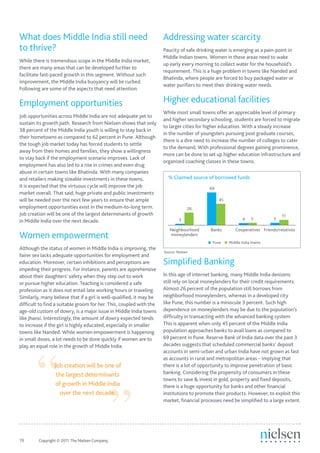 What does Middle India still need                                     Addressing water scarcity
to thrive?                                                            Paucity of safe drinking water is emerging as a pain-point in
                                                                      Middle Indian towns. Women in these areas need to wake
While there is tremendous scope in the Middle India market,
                                                                      up early every morning to collect water for the household’s
there are many areas that can be developed further to
                                                                      requirement. This is a huge problem in towns like Nanded and
facilitate fast-paced growth in this segment. Without such
                                                                      Bhatinda, where people are forced to buy packaged water or
improvement, the Middle India buoyancy will be curbed.
                                                                      water purifiers to meet their drinking water needs.
Following are some of the aspects that need attention:

Employment opportunities                                              Higher educational facilities
                                                                      While most small towns offer an appreciable level of primary
Job opportunities across Middle India are not adequate yet to
                                                                      and higher secondary schooling, students are forced to migrate
sustain its growth path. Research from Nielsen shows that only
                                                                      to larger cities for higher education. With a steady increase
38 percent of the Middle India youth is willing to stay back in
                                                                      in the number of youngsters pursuing post graduate courses,
their hometowns as compared to 62 percent in Pune. Although
                                                                      there is a dire need to increase the number of colleges to cater
the tough job market today has forced students to settle
                                                                      to the demand. With professional degrees gaining prominence,
away from their homes and families, they show a willingness
                                                                      more can be done to set up higher education infrastructure and
to stay back if the employment scenario improves. Lack of
                                                                      organized coaching classes in these towns.
employment has also led to a rise in crimes and even drug
abuse in certain towns like Bhatinda. With many companies
and retailers making sizeable investments in these towns,               % Claimed source of borrowed funds
it is expected that the virtuous cycle will improve the job                                69
market overall. That said, huge private and public investments
will be needed over the next few years to ensure that ample                                     45
employment opportunities exist in the medium-to-long term.                          26
Job creation will be one of the largest determinants of growth                                                                 11
                                                                               3                            4    5         5
in Middle India over the next decade.
                                                                         Neighbourhood      Banks       Cooperatives Friends/relatives
Women empowerment                                                        moneylenders
                                                                                             Pune    Middle India towns
Although the status of women in Middle India is improving, the
                                                                      Source: Nielsen
fairer sex lacks adequate opportunities for employment and
education. Moreover, certain inhibitions and perceptions are          Simplified Banking
impeding their progress. For instance, parents are apprehensive
about their daughters’ safety when they step out to work              In this age of internet banking, many Middle India denizens
or pursue higher education. Teaching is considered a safe             still rely on local moneylenders for their credit requirements.
profession as it does not entail late working hours or traveling.     Almost 26 percent of the population still borrows from
Similarly, many believe that if a girl is well-qualified, it may be   neighborhood moneylenders, whereas in a developed city
difficult to find a suitable groom for her. This, coupled with the    like Pune, this number is a miniscule 3 percent. Such high
age-old custom of dowry, is a major issue in Middle India towns       dependence on moneylenders may be due to the population’s
like Jhansi. Interestingly, the amount of dowry expected tends        difficulty in transacting with the advanced banking system.
to increase if the girl is highly educated, especially in smaller     This is apparent when only 45 percent of the Middle India




        “
towns like Nanded. While women empowerment is happening               population approaches banks to avail loans as compared to
in small doses, a lot needs to be done quickly if women are to        69 percent in Pune. Reserve Bank of India data over the past 3
play an equal role in the growth of Middle India.                     decades suggests that scheduled commercial banks’ deposit
                                                                      accounts in semi-urban and urban India have not grown as fast
                                                                      as accounts in rural and metropolitan areas – implying that




                                                 ”
                 Job creation will be one of                          there is a lot of opportunity to improve penetration of basic
                  the largest determinants                            banking. Considering the propensity of consumers in these
                                                                      towns to save & invest in gold, property and fixed deposits,
                  of growth in Middle India                           there is a huge opportunity for banks and other financial
                    over the next decade.                             institutions to promote their products. However, to exploit this
                                                                      market, financial processes need be simplified to a large extent.




19	      Copyright © 2011 The Nielsen Company.
 