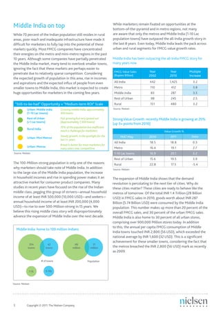 Middle India on top                                                               While marketers remain fixated on opportunities at the
                                                                                  bottom-of-the-pyramid and in metro regions, not many
While 70 percent of the Indian population still resides in rural                  are aware that only the metros and Middle India (1-10 Lac
areas, poor reach and inadequate infrastructure have made it                      population towns) have outpaced the all-India growth story in
difficult for marketers to fully tap into the potential of these                  the last 8 years. Even today, Middle India leads the pack across
markets quickly. Most FMCG companies have concentrated                            urban and rural segments for FMCG value growth rates.
their energies on the metro and mini-metro regions in the past
10 years. Although some companies have partially penetrated                       Middle India has been outpacing the all-India FMCG story for
the Middle India market, many tend to overlook smaller towns,                     many years now
ignoring the fact that these markets are perhaps easier to
                                                                                   FMCG Value Sales       Year           Year         Multiple
penetrate due to relatively sparse competition. Considering                        (Rupees Billion)       2002           2010         Increase
the expected growth of population in this area, rise in incomes
and aspirations and the expected influx of people from even                        All India               442          1,425           3.2
smaller towns to Middle India, this market is expected to create                   Metro                   110           412            3.8
huge opportunities for marketers in the coming few years.                          Middle India            83            287            3.5
                                                                                   Rest of Urban           98            245            2.5
 “Still-to-be-had” Opportunity + “Medium-term ROI” Scale                           Rural                   151           480            3.2
             Urban: Middle India        Growing middle India; approximately       Source: Nielsen
             (1-10 Lac towns)           400 towns
             Rest of Urban              Fast growing but very spread out          Strong Value Growth: recently Middle India is growing at 20%
             (<1 Lac towns)             (Approximately 7,500 towns)
                                                                                  (up 3+ points from 2010)
                                        70% of the population but inefficient
             Rural India
                                        reach a challenge for marketers                                              Value Growth %
                                        Steady growth; in the spotlight for the         MAT May           2010           2011          Delta
             Urban: Mini Metros
                                        last 5+ years
                                                                                   All India               18.5          18.8           0.3
                                        Bread & butter for most marketers for
             Urban: Metros                                                         Metro                   16.4          19.1           2.7
                                        many years now; competitive
Source: Nielsen                                                                    1-10 Lac towns          16.9          20.1           3.2
                                                                                   Rest of Urban           15.6          19.5           3.9
The 100-Million-strong population is only one of the reasons                       Rural                   22.8          17.5           -5.4
why marketers should take note of Middle India. In addition                       Source: Nielsen
to the large size of the Middle India population, the increase
in household incomes and rise in spending power makes it an                       The expansion of Middle India shows that the demand
attractive market for consumer product companies. Many                            revolution is percolating to the next tier of cities. Why do
studies in recent years have focused on the rise of the Indian                    these cities matter? These cities are ready to behave like the
middle class, pegging this group of strivers—annual household                     metros of tomorrow. Of the total INR 1.4 Trillion (28 Billion
income of at least INR 500,000 (10,000 USD)—and seekers—                          USD) in FMCG sales in 2010, goods worth about INR 287
annual household income of at least INR 200,000 (4,000                            Billion (5.74 Billion USD) were consumed by the Middle India
USD)—to rise to over 500-Million-strong in 15 years. We                           population. This number makes up more than 20 percent of the
believe this rising middle class story will disproportionately                    overall FMCG sales, and 30 percent of the urban FMCG sales.
advance the expansion of Middle India over the next decade.                       Middle India is also home to 30 percent of all urban stores,
                                                                                  comprising over 900,000 Million stores today. In addition
                                                                                  to this, the annual per capita FMCG consumption of Middle
     Middle India: home to 100 million Indians
                                                                                  India towns touched INR 2,800 (56 USD), which exceeded the
                                                                                  national average by INR 1,600 (32 USD). This is a significant
                                                                                  achievement for these smaller towns, considering the fact that
              354               42                 68               31
             towns            towns               million         million         the metros breached the INR 2,800 (56 USD) mark as recently
                                                                                  as 2009.

                           # of towns                          Population


              1-5L            5-10L



Source: Nielsen




3	          Copyright © 2011 The Nielsen Company.
 