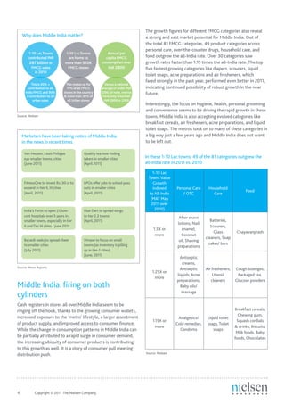 The growth figures for different FMCG categories also reveal
     Why does Middle India matter?                                                 a strong and vast market potential for Middle India. Out of
                                                                                   the total 81 FMCG categories, 49 product categories across
                                                                                   personal care, over-the-counter drugs, household care, and
         1-10 Lac Towns            1-10 Lac Towns              Annual per
        contributed INR             are home to               capita FMCG          food outgrew the all-India rate. Over 30 categories saw
         287 billion in            more than 910K           consumption over       growth rates faster than 1.15 times the all-India rate. The top
           FMCG sales               FMCG stores                INR 2800            five fastest growing categories like diapers, scourers, liquid
             in 2010
                                                                                   toilet soaps, acne preparations and air fresheners, which
                                                                                   fared strongly in the past year, performed even better in 2011,
           This is 20% +            This makes up for         Versus a national
         contribution to all        11% of all FMCG        average of under INR    indicating continued possibility of robust growth in the near
       India FMCG and 30%         stores in the country    1200; of note, metros   future.
        + contribution to all     & more than 30% of        have only breached
            urban sales              all Urban stores        INR 2800 in 2009
                                                                                   Interestingly, the focus on hygiene, health, personal grooming
                                                                                   and convenience seems to be driving the rapid growth in these
Source: Nielsen                                                                    towns. Middle India is also accepting evolved categories like
                                                                                   breakfast cereals, air fresheners, acne preparations, and liquid
                                                                                   toilet soaps. The metros took on to many of these categories in
     Marketers have been taking notice of Middle India:                            a big way just a few years ago and Middle India does not want
     in the news in recent times                                                   to be left out.

      Van Heusen, Louis Philippe                Quality tea now finding
      eye smaller towns, cities                 takers in smaller cities           In these 1-10 Lac towns, 49 of the 81 categories outgrew the
      (June 2011)                               (April 2011)                       all-India rate in 2011 vs. 2010

                                                                                       1-10 Lac
                                                                                    Towns Value
      FitnessOne to invest Rs. 30 cr to         BPOs offer jobs to school pass         Growth
      expand in tier II, III cities             outs in smaller cities                 indexed       Personal Care     Household
      (April, 2011)                             (April, 2011)
                                                                                                                                              Food
                                                                                     to All-India        / OTC           Care
                                                                                      (MAT May
                                                                                      2011 over
      India’s Fortis to open 25 low-            Blue Dart to spread wings               2010)
      cost hospitals over 3 years in            to tier 2,3 towns                                      After shave
      smaller towns, especially in tier         (April, 2011)                                                            Batteries,
                                                                                                      lotions, Nail
      II and Tier III cities / June 2011                                                                                 Scourers,
                                                                                        1.5X or          enamel,
                                                                                                                           Glass         Chayavanprash
                                                                                         more           Coconut
                                                                                                                      cleaners, Soap
      Bacardi seeks to spread cheer             Omaxe to focus on small                                oil, Shaving
      to smaller cities                         towns (as inventory is pilling                                          cakes/ bars
                                                                                                      preparations
      (July 2011)                               up in tier-1 cities)
                                                (June, 2011)
                                                                                                       Antiseptic
                                                                                                        creams,
Source: News Reports
                                                                                                       Antiseptic     Air fresheners,   Cough lozenges,
                                                                                       1.25X or
                                                                                                     liquids, Acne        Utensil        Packaged tea,
                                                                                         more
                                                                                                     preparations,       cleaners       Glucose powders
Middle India: firing on both                                                                           Baby oils/

cylinders                                                                                               massage

Cash registers in stores all over Middle India seem to be
ringing off the hook, thanks to the growing consumer wallets,                                                                           Breakfast cereals,
                                                                                                                                          Chewing gum,
increased exposure to the ‘metro’ lifestyle, a larger assortment                                      Analgesics/      Liquid toilet
                                                                                       1.15X or                                          Squash cordials
of product supply, and improved access to consumer finance.                                          Cold remedies,    soaps, Toilet
                                                                                         more                                           & drinks, Biscuits,
While the change in consumption patterns in Middle India can                                           Condoms            soaps
                                                                                                                                         Milk foods, Baby
be partially attributed to a rapid surge in consumer demand,                                                                            foods, Chocolates
the increasing ubiquity of consumer products is contributing
to this growth as well. It is a story of consumer pull meeting
                                                                                   Source: Nielsen
distribution push.




4	           Copyright © 2011 The Nielsen Company.
 