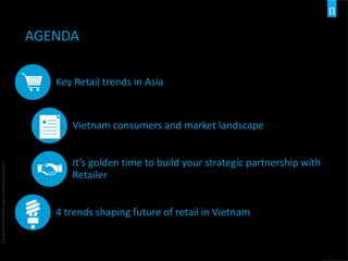 Copyright©2016TheNielsenCompany.Confidentialandproprietary.
2
Copyright©2015TheNielsenCompany.Confidentialandproprietary.
AGENDA
Key Retail trends in Asia
Vietnam consumers and market landscape
It’s golden time to build your strategic partnership with
Retailer
4 trends shaping future of retail in Vietnam
 