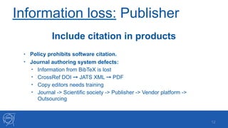 Information loss: Publisher
• Policy prohibits software citation.
• Journal authoring system defects:
• Information from BibTeX is lost
• CrossRef DOI ➞ JATS XML ➞ PDF
• Copy editors needs training
• Journal -> Scientific society -> Publisher -> Vendor platform ->
Outsourcing
!12
Include citation in products
 