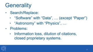 Generality
• Search/Replace:
• “Software” with “Data”, … (except “Paper”)
• “Astronomy” with “Physics”, …
• Problems:
• Information loss, dilution of citations,
closed proprietary systems.
!25
 