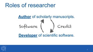 !6
Author of scholarly manuscripts.
Developer of scientific software.
Roles of researcher
CreditSoftware
 