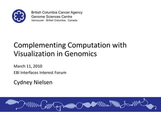 British Columbia Cancer Agency Genome Sciences Centre Vancouver . British Columbia . Canada Complementing Computation with Visualization in Genomics March 11, 2010 EBI Interfaces Interest Forum Cydney Nielsen 