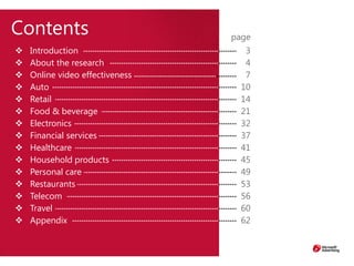 2
Contents
 Introduction
 About the research
 Online video effectiveness
 Auto
 Retail
 Food & beverage
 Electronics
 Financial services
 Healthcare
 Household products
 Personal care
 Restaurants
 Telecom
 Travel
 Appendix
3
4
7
10
14
21
32
37
41
45
49
53
56
60
62
page
 