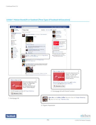 - Continued from P 4




 Exhibit 1: Nielsen BrandLift on Facebook (Three Types of Facebook Ad Executions)




                                                          2. Homepage Ad with Social Context



    1. Homepage Ad



                                            3. Organic Impression




                                                    P	5                                        © 2010, The Nielsen Company
 