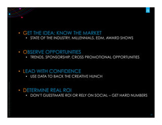 Copyright	
  ©2012	
  The	
  Nielsen	
  Company.	
  Conﬁden:al	
  and	
  proprietary.	
  
27	
  
•  GET THE IDEA: KNOW THE MARKET
•  STATE OF THE INDUSTRY, MILLENNIALS, EDM, AWARD SHOWS
•  OBSERVE OPPORTUNITIES
•  TRENDS, SPONSORSHIP, CROSS PROMOTIONAL OPPORTUNITIES
•  LEAD WITH CONFIDENCE
•  USE DATA TO BACK THE CREATIVE HUNCH
•  DETERMINE REAL ROI
•  DON’T GUESTIMATE ROI OR RELY ON SOCIAL – GET HARD NUMBERS
 