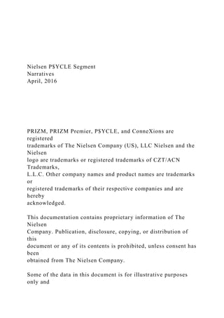 Nielsen P$YCLE Segment
Narratives
April, 2016
PRIZM, PRIZM Premier, P$YCLE, and ConneXions are
registered
trademarks of The Nielsen Company (US), LLC Nielsen and the
Nielsen
logo are trademarks or registered trademarks of CZT/ACN
Trademarks,
L.L.C. Other company names and product names are trademarks
or
registered trademarks of their respective companies and are
hereby
acknowledged.
This documentation contains proprietary information of The
Nielsen
Company. Publication, disclosure, copying, or distribution of
this
document or any of its contents is prohibited, unless consent has
been
obtained from The Nielsen Company.
Some of the data in this document is for illustrative purposes
only and
 