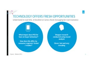 Copyright©2012TheNielsenCompany.Confidentialandproprietary.
4
What impact does POS for
have on buyer behaviour?
How does this differ by
consumer segment / brand
/ retailer?
TECHNOLOGY OFFERS FRESH OPPORTUNITIES
Understand in real time, in location or sense check messaging for real resonance
Shopper research
conducted using neural
analysis
Clever, fast and very
revealing
Source : Nielsen 2013
 