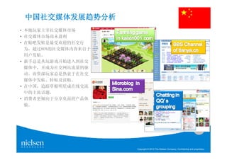 中国社交媒体发展趋势分析
• 本地玩家主宰社交媒体市场
• 社交媒体市场尚未盈利
• 在贴吧发帖是最受欢迎的社交行
  为，超过80%的社交媒体内容来自于
  用户发贴。
• 新手总是从玩游戏开始进入到社交
  媒体中，并成为社交网站流量的驱
  动。而资深玩家总是热衷于在社交
  媒体中发帖、转帖及读贴。
• 在中国，追踪草根明星成在线交流
  中的主流话题。
• 消费者更倾向于分享负面的产品体
  验。




                                                                                19



                      Copyright © 2010 The Nielsen Company. Confidential and proprietary.
 