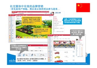 社交媒体中有效的品牌营销
-首先是用户体验，然后是让你的受众参与进来…
 首先是用户体验，然后是让你的受众参与进来


                 中国的社交网站中80%的用
        在社交网站的游戏 中国的社交网站中
        在社交网站的游戏中进行虚拟
                   行虚拟       的用
                 户使用真是的姓名及个人简
        产品植入，增加了品牌使用真是的姓名及个人简
         品植入，增加了品牌认知度
                  认                           品牌、
                                              品牌、产品调研增加了社交
        及曝光率。    介注册，并发表评论。这使得
                 介注册，
        及曝光率。这成为了社交网站    评论。                  媒体与用户的互动
                                              媒体与用户的互动性并使得
                 社交网站成为最受消费
                 社交网站成为最受消费者信
        最佳的盈利模式之一。
        最佳的盈利模式之一。                                率持续高于预
                                              投资回报率持续高于预期。
                    赖的信息来源。
                      的信息来源。


                 社交媒体游戏是一种
                 社交媒体游戏是一种快
                 速增加互动性及新会员
                 速增加互动性及新会员                                   广告主购买虚
                                                              广告主购买虚拟货币
                                                                 购买
                 数量的方式。
                 数量的方式。                                       用以促销 提升虚拟
                                                              用以促销。提升虚拟
                                                                 的忠实
                                                               用户的忠实度。




电子商务+社交网站平台，
 子商务 社交网站平台
     社交网站平台，
在社交网站平台上直接实
在社交网站平台上直接实
   现了销售 。



                                                                                            20



                                  Copyright © 2010 The Nielsen Company. Confidential and proprietary.
 