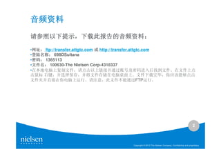 音频资料
请参照以下提示，下载此报告的音频资料：
请参照以下提示，下载此报告的音频资料：

•网址： ftp://transfer.attgtc.com 或 http://transfer.attgtc.com
 网址：
 网址
•登陆名称： 698DSultana
 登陆名称：
 登陆名称
•密码： 1365113
 密码：
 密码
•文件名： 100630-The Nielsen Corp-4318337
 文件名：
 文件名
•在本地电脑上复制文件，请点击以上链接并通过账号及密码进入后找到文件。在文件上点
击鼠标 右键，并选择保存，并将文件存储在电脑桌面上。文件下载完毕，你应该能够点击
文件夹并直接在你电脑上运行。请注意，此文件不能通过FTP运行。




                                                                                                2



                                    Copyright © 2010 The Nielsen Company. Confidential and proprietary.
 