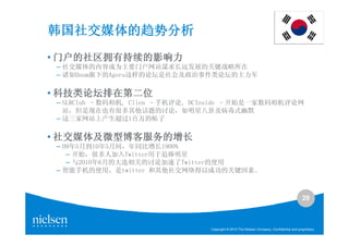 韩国社交媒体的趋势分析
• 门户的社区拥有持续的影响力
 – 社交媒体的内容成为主要门户网站谋求长远发展的关键战略所在
 – 诸如Daum旗下的Agora这样的论坛是社会及政治事件类论坛的主力军

• 科技类论坛排在第二位
 – SLRClub –数码相机, Clien –手机评论, DCInside –开始是一家数码相机评论网
   站，但是现在也有很多其他话题的讨论，如明星八卦及病毒式幽默
 – 这三家网站上产生超过1百万的帖子

• 社交媒体及微型博客服务的增长
 – 09年5月到10年5月间，年同比增长1900%
    – 开始，很多人加入Twitter用于追捧明星
    – 与2010年6月的大选相关的讨论加速了Twitter的使用
 – 智能手机的使用，是twitter 和其他社交网络得以成功的关键因素。



                                                                                           29



                                 Copyright © 2010 The Nielsen Company. Confidential and proprietary.
 
