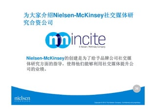 为大家介绍Nielsen-McKinsey社交媒体研
为大家介绍                社交媒体研
究合资公司




Nielsen-McKinsey的创建是为了给予品牌公司社交媒
                的创建是为了给予品牌公司社交媒
体研究方面的指导，
体研究方面的指导，使得他们能够利用社交媒体提升公
司的业绩。
司的业绩。



                                                                             38



                   Copyright © 2010 The Nielsen Company. Confidential and proprietary.
 
