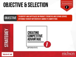 1 OBJECTIVE & SELECTION 
Recommendations 
OBJECTIVE! 
TO IDENTIFY AND CAPTITALISE ON PRODUCT STRENGTHS AND EXPAND SERVICE 
OFFERINGS THEREBY DIFFERENTIATE AMONG ITS COMPETITORS 
1 
CREATING! 
COMPETITIVE! 
ADVANTAGE! 
DIFFERENTIATE! 
STRATEGIEY 
2/9/14! 32! 
 