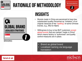 2 RATIONALE OF METHODOLOGY 
Recommendations 
GLOBAL BRAND! 
LOCALISED STRATEGIES! 
GLOBAL BRAND! 
LOCALISED STRATEGIES! 
1 
BRANDING! 
Insights 
• Brands made in China are perceived to have low, 
substandard quality Perceived as “imitation” of an 
original: because of the “spelling” of some Chinese 
brands, e.g., Alfa for Alpha " 
• Willingness to buy is low BUT customers accept 
global brands that are marked “made in China” 
which means factory is “authorized” and quality 
control measures are in place." 
• Brand as global brand" 
• Localised naming via language 
translation" 
2/9/14! 39! 
 