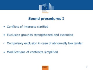 Sound procedures I 
•Conflicts of interests clarified 
•Exclusion grounds strengthened and extended 
•Compulsory exclusion in case of abnormally low tender 
•Modifications of contracts simplified 
14  
