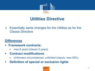 Utilities Directive 
Essentially same changes for the Utilities as for the Classic Directive Differences 
Framework contracts: 
max 8 years (classic 5 years) 
Contract modifications 
Unforseen circumstances: unlimited (classic: max 50%) 
Definition of special or exclusive rights 
19  