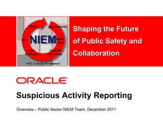 Deploy     Requirements
                                   Shaping the Future
  Test
         NIEM            Model
    <Insert Picture Here> Data     of Public Safety and
      Build         Generate
    Exchange        Dictionary     Collaboration
    XML Exchange Development




Suspicious Activity Reporting
Overview – Public Sector NIEM Team, December 2011
 