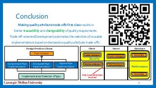 Conclusion
Making quality attribute trade-offs first-class results in
better traceability and changeability of quality requirements.
Trade-off-oriented Development automates the selection of reusable
implementations based on declarative quality attribute trade-offs.
13
Send message
Display webpage
Store data
Client Server Database
Security
Send message Store data
Only insensitive data
involved
Send message
Performance
Pipe Contract
Design Decision Library
Compressed Pipe
Implementation
Signed Pipe
Implementation
Implementation Selector <Pipe>
Encrypted Pipe
Implementation
 