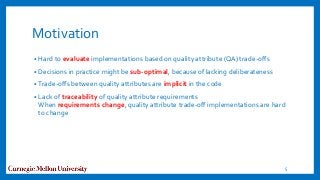 Motivation
• Hard to evaluate implementations based on quality attribute (QA) trade-offs
• Decisions in practice might be sub-optimal, because of lacking deliberateness
• Trade-offs between quality attributes are implicit in the code
• Lack of traceability of quality attribute requirements
When requirements change, quality attribute trade-off implementations are hard
to change
5
 